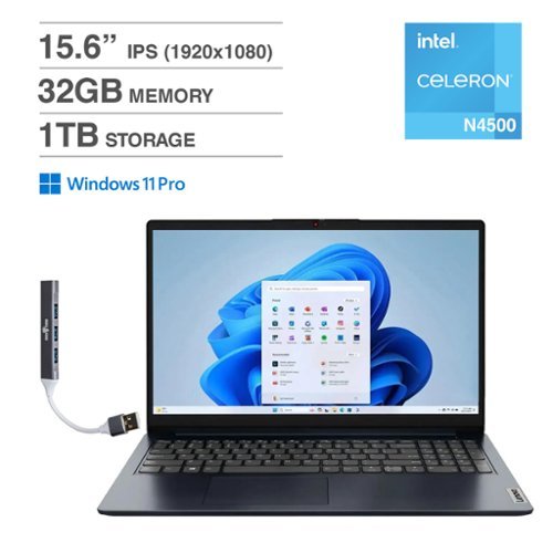  Lenovo - V15 Laptop 15.6 FHD (Intel Celeron N4500, 32GB DDR4, 1TB PCIe SSD, Intel UHD, Win 11 Pro) w/USB Hub - Black