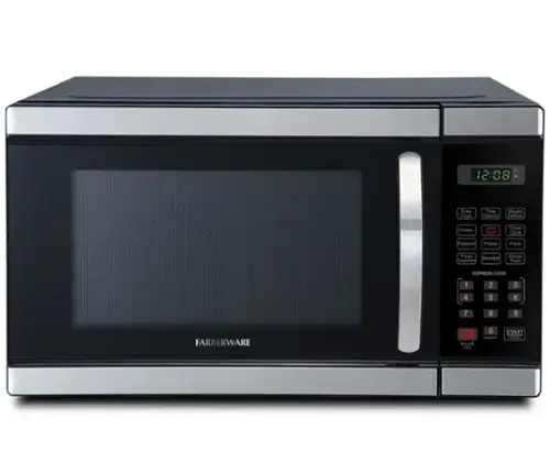 9 12:08 Time Cook Time Defrost Defrost Power Door Open Timer Clock Popcorn Potato Pizza Frozen Vegetable Dinner Plate EXPRESS COOK 1 2 3 4 5 6 7 8 9 FARBERWARE STOP red Bros 20 0 START VEMER +C