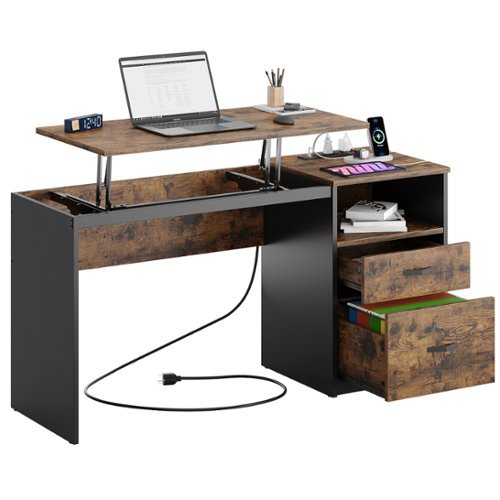 Bestier Gaming Lift Top Desk with Outlet and File Cabinet - 60" wide - Black
