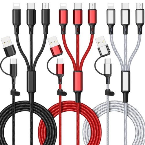 PARKER SLATER - 6 in 1 multi charging cable, 4ft nylon braided fast charger cord USB A/C to USB-C, Micro USB - Black/red/white-Front_Standard 