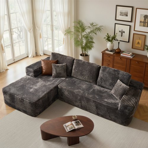 Ovios - 104" Modular Sectional Sofa with Chaise, Modern L Shaped Couch for Living Room - Grey(Plush Corduroy, Left Facing)-Front_Standard 