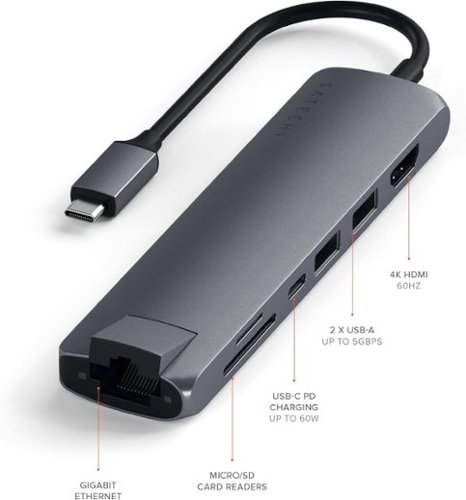 Satechi Slim Multiport USB-C Hub - Ethernet, 4K HDMI, 60W USB-C PD Charging, 2 USB-A, SD/Micro Card Readers for Mac & Windows - Space Gray GLOBAL SHIPPING