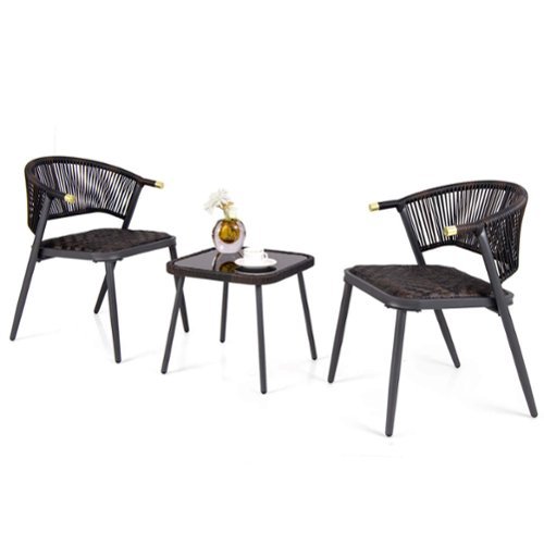 Costway - 3 PCS Patio Rattan Furniture Set with Tempered Glass Tabletop Wicker Seat - Mix Brown + Black-Front_Standard 