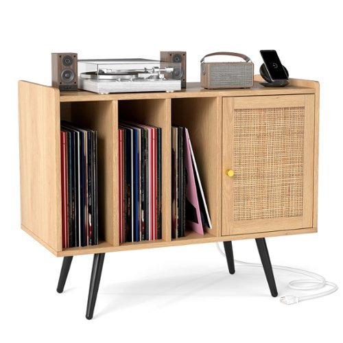 Gymax - Record Player Stand w/ Charging Station & Rattan Cabinet Adjustable Shelf - Yellow-Front_Standard 