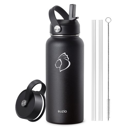 Buzio - Duet Series - 32oz Insulated Water Bottle with Straw Lid and Flex Lid - Black-Front_Standard 