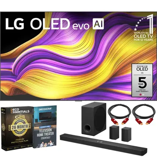 LG OLED evo AI  
WORLD'S No. 1 OLED TV FOR 12 YEARS  
PREMIUM OLED GS  
YEAR 5 LIMITED PANEL WARRANTY  

LG 0 DECO DECOGEAR ESSENTIALS + CPS  
PREMIUM CPS 26 MONTH CPS  
BEGINNERS 1 RUD PROTECTION  
TELEVISION HOME THEATER PREMIUM ESSENTIALS PLAN  
PROTECTION - cs cUPs - B