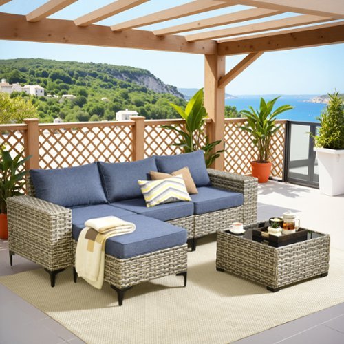 Ovios - 5 PCS Patio Furniture Set Outdoor Sectional Sofa Deep Seat Couch with Solar Coffee Table - Denim Blue-Front_Standard 