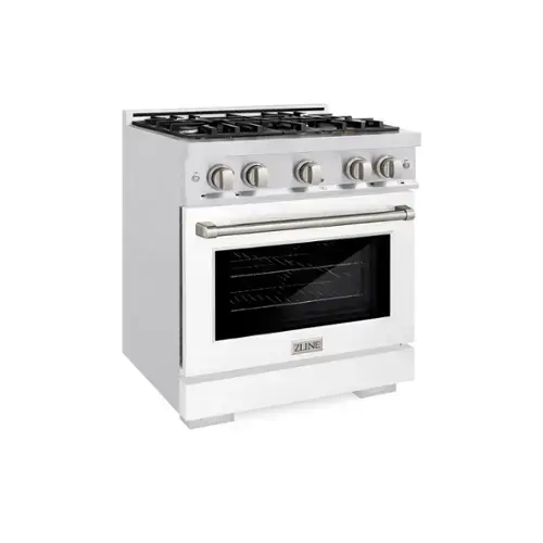 Front. ZLINE - ZLINE 30 in. 4.2 cu. ft. Freestanding Select Satin Steel Gas Range w/ 4 Burners & Convection Oven w/ White Door - Satin Stainless Steel.
