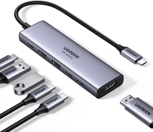 UGREEN - USB C 3.2 Hub, 6-in-1 Multiport USB Adapter with 4K 60Hz HDMI, 4×10Gbps USB A&C, 100W PD, for Laptop, MacBook, iPad Pro - Space Gray-Front_Standard 