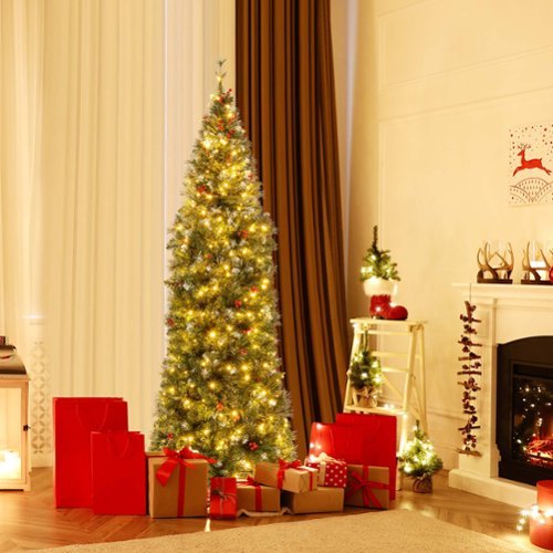 Costway - 7 FT Pre-Lit Christmas Tree Slim Pencil Hinged with 350 Lights & 818 Branch Tips - Green/White