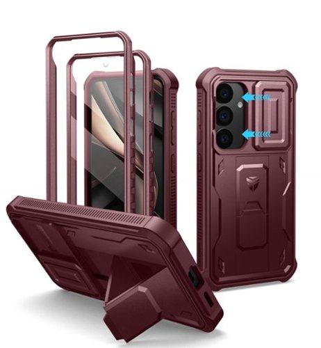 Dexnor - For Samsung Galaxy S25 Shockproof Rugged Case with Slide Camera Cover, Screen Protector, Heavy-Duty Full-Body Cover - Maroon Red-Front_Standard 