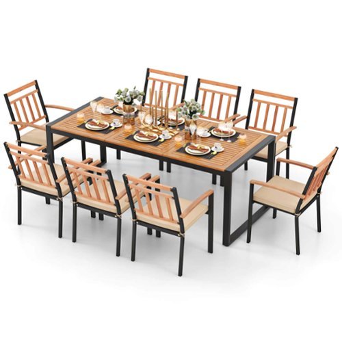Costway 9 Pieces Patio Dining Set with Soft Cushions and 1.9" Umbrella Hole for Garden - Natural and Black