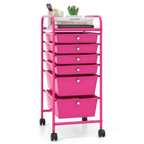 Costway - 6 Drawer Rolling Storage Cart Scrapbook Paper Office Organizer - Hot Pink-Front_Standard 
