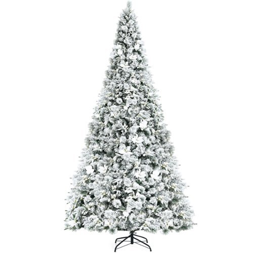 Costway - 8ft Snow Flocked Hinged Christmas Tree w/Berries & Poinsettia Flowers - Green/White