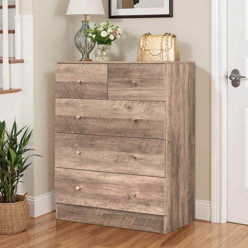 Winado - Modern Wood 5 Drawer Dresser Chest of Drawer Nightstand Anti-Tipping Device Metal Handle for Bedroom Living Room Hallway - Gray-Front_Standard 