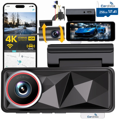 CardiVox - 4k Dual Dash Cam Front and 2k Rear, Sony STARVIS Night Vision Dash Camera ADAS, WiFi GPS, Parking Mode, 256GB Included - Black-Front_Standard 