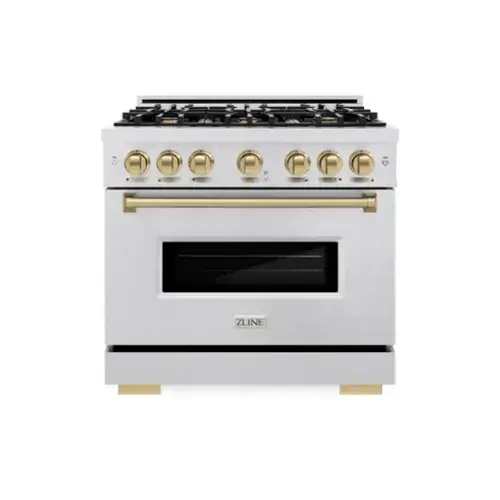 Front. ZLINE - ZLINE Autograph 36 in. Classic Dual Fuel Satin Steel Range w/ 6 Burners & Bronze Accents (CDRSZ-36-CB) - Stainless Steel.