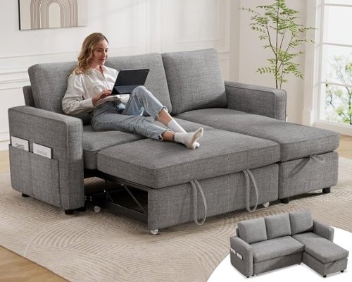 Dyonery - 81" Sleeper Sofa Bed, 2 in 1 Pull Out Couch with Reversible Storage Chaise, Light Grey - Light Gray-Front_Standard 