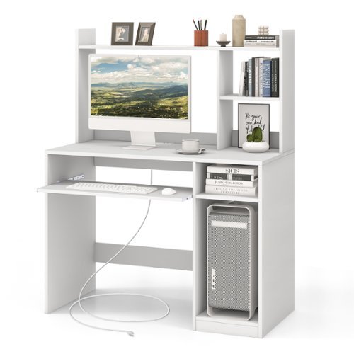 Costway - Computer Desk Study Bookcase Workstation with Charging Station Hutch & CPU Stand - White-Front_Standard 