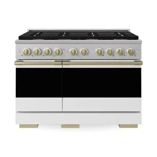 Front. ZLINE - Autograph 48 in. 6.7 cu. ft. Marino Freestanding Double Oven Gas Range with 8 Burners and Champagne Bronze Accents - White Matte.