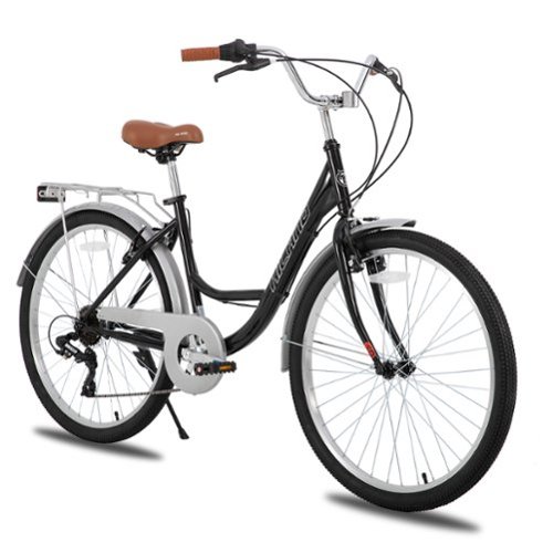 HILAND - 26 Inch Beach Cruiser Bike for Adults, 7 Speed Step-Through Women Bicycle with Rear Rack, Hybrid Bike - Black-Front_Standard 