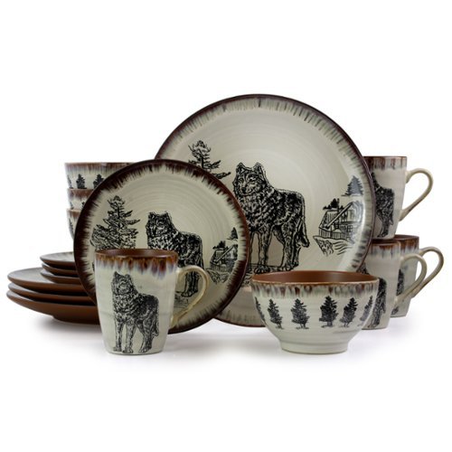 Elama - Majestic Wolf 16 Piece Luxurious Stoneware Dinnerware with Complete Setting for 4 - Taupe and Brown-Front_Standard 