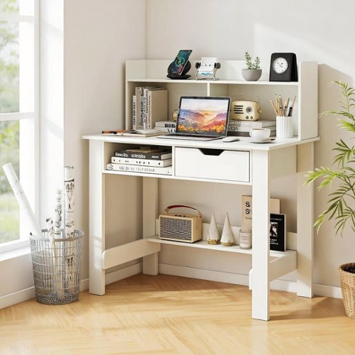 Kadyn - Home Office Computer Desk with Storage Shelves and Drawer Ideal for Working and Studying, Home Office Desks - White-Front_Standard 