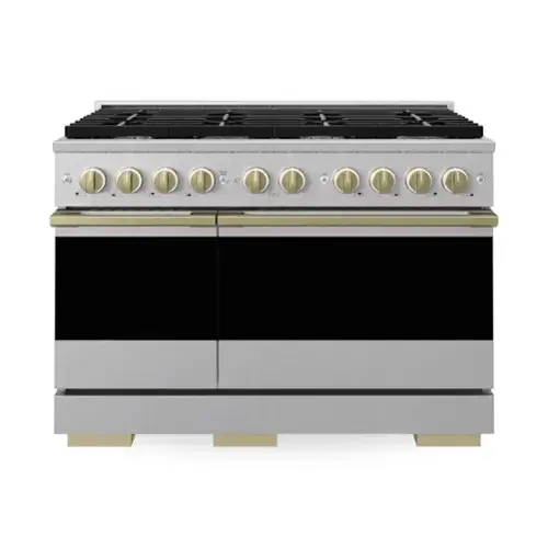Front. ZLINE - Autograph 48 in. 6.7 cu. ft. Marino Dual Fuel Freestanding Range with 8 Gas Burners in Satin Steel with Bronze Accents - Satin Stainless Steel.