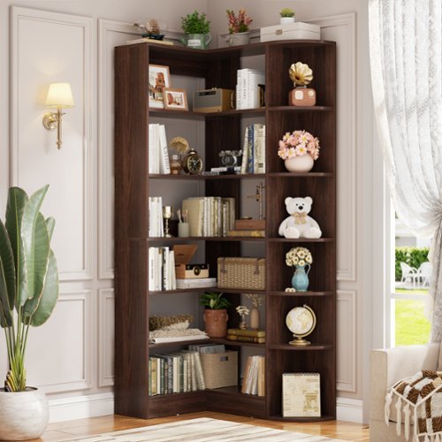 Aheaplus - 6-Tier Corner Bookshelf, 71'' Tall L-Shaped Bookcase with 13 Shelves for Home & Office - Walnut-Front_Standard 