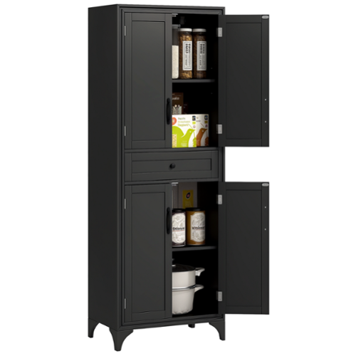 Homcom - 67" Tall Freestanding Kitchen Pantry Cabinet, 4-Door Storage Cabinet with Drawer and Adjustable Shelves for Dining Room - Black-Front_Standard 