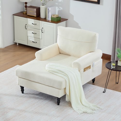 Trinkets Crazed - Chenille Fabric Chaise Lounge Recliner Single Sofa Living Room Bedroom Rest Chair Wooden Sofa Legs - Beige-Front_Standard 