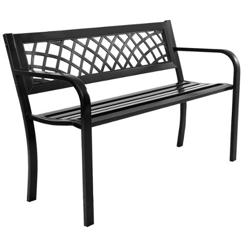 Costway - Patio Park Garden Bench Porch Path Chair Outdoor Deck Steel Frame - Black-Front_Standard 