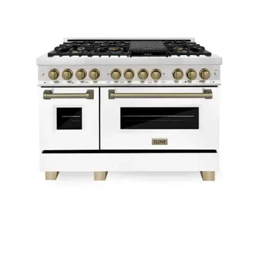 Front. ZLINE - Autograph 48" Legacy Dual Fuel Range w/ 7 Burners & White & Bronze Accents (RAZ-WM-48-CB) - Multicolor.