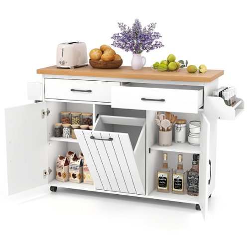 Costway - Rolling Kitchen Island Kitchen Cart with Tilt-out Trash Cabinet Island Table - White-Front_Standard 