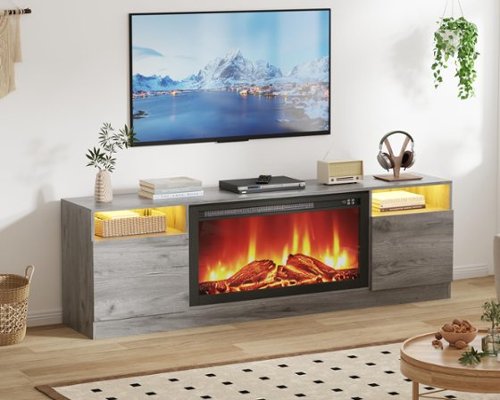 Acekool - 70" TV Stand for 75" TVs, Modern Wooden Console with Storage Cabinets, Fits 36" Electric Fireplace - Gray-Front_Standard 