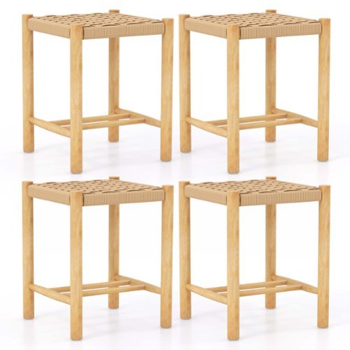 Costway - Dining Stool Set of 4 18" Backless with Rubber Wood Frame Woven Paper Seat Kitchen - Natural