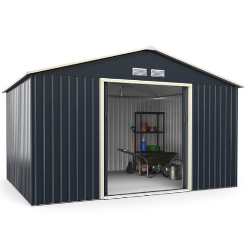 Costway - Metal Storage Shed for Garden and Tools w/Sliding Double Lockable Doors - Gray-Front_Standard 