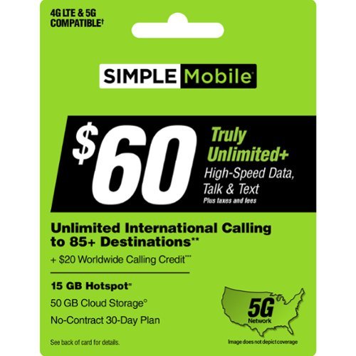 Simple Mobile - $60 Truly Unlimited+ High Speed Data, Talk & Text 30-Day Plan (Email Delivery) - Green [Digital]