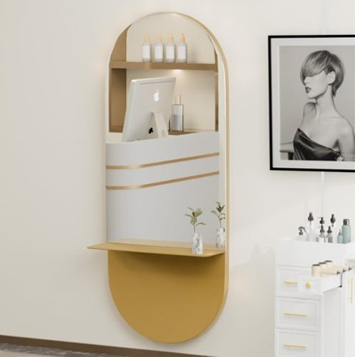 Winado - Professional Salon Oval Wall Mount Mirror with Removable Shelf, Tempered Glass Salon Makeup Mirror for Barbershop Beauty - Gold-Front_Standard 