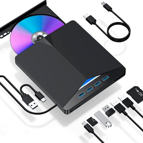 Topteng - 7-in-1 External 4K Blu-ray Burner Drive with USB Hub - BD/DVD/CD Writer, SD/TF Reader, USB 3.0 & Type-C for PC/Mac - Black-Front_Standard 