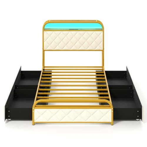 Costway Twin Size Bed Frame with LED Lights & Charging Station Storage Headboard & Drawers - Golden + White