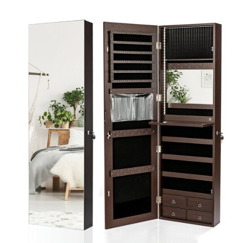 Costway Mirror Jewelry Cabinet 96 LED Lights Wall Door Mounted Armoire w/ Makeup Rack - Brown