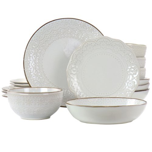 Elama - Countess 16 Piece Embossed Double Bowl Stoneware Dinnerware Set - Ivory-Front_Standard 