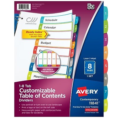 Avery - Ready Index Table of Contents Paper Dividers, 1-8 Tabs, Contemporary - Multicolor-Front_Standard 