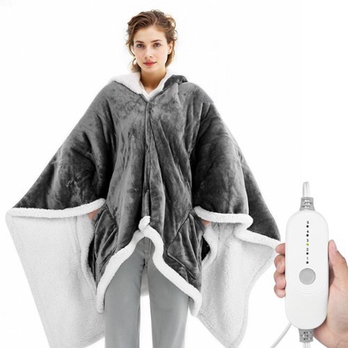  Glintex - Wearable Electric Heated Throw Blanket Shawl Hoodie, 5 Heat Levels, 3H Auto-Off, Overheat Protection, Machine Washable - Gray + White