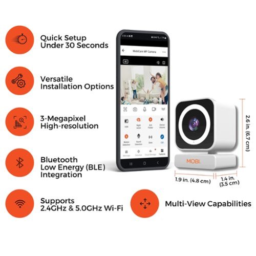 MOBI Cam MP Smart Baby & Nursery Monitoring Camera, Indoor Security Camera w/ Dual Band WiFi, Night Vision & BLE Connectivity - White GLOBAL SHIPPING
