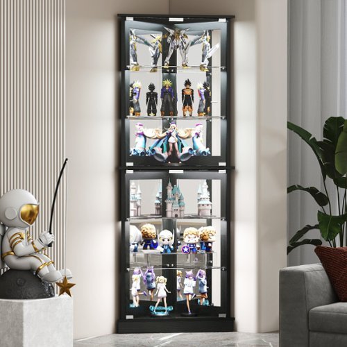 Skyzoo - Corner Display Cabinet with RGB LED Lights, 6-Tier Curio Cabinet with glass doors for Collectibles - Black-Front_Standard 