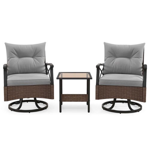 Costway - 3 PCS Patio Swivel Rocker Set with 2-Tier Coffee Table & Cozy Seat Back Cushions - Mix Brown + Grey-Front_Standard 