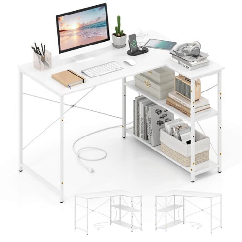 Costway - L-Shaped Computer Desk with Power Outlets Adjustable shelf Heavy-Duty Metal Frame - White-Front_Standard 