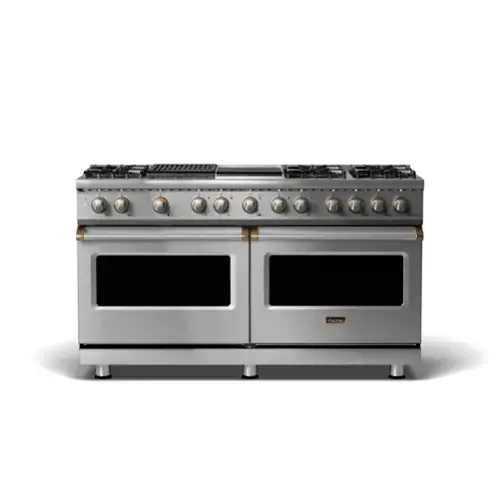 Front. Viking - 5-Series Dual Fuel Self-Clean 60"W Sealed Burner Range - Stainless with Brushed Brass Accents.